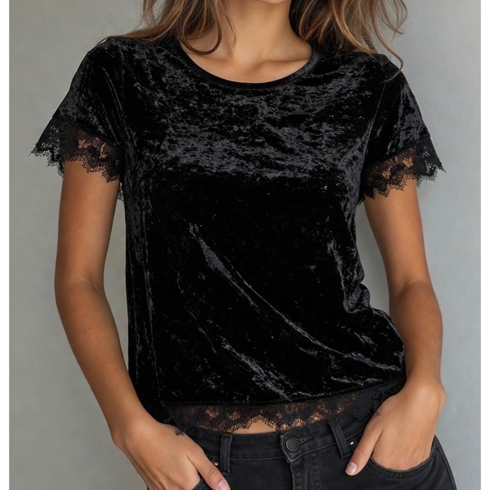 Black Velvet Lace Trim Top Women XS Short Sleeve Keyhole Back